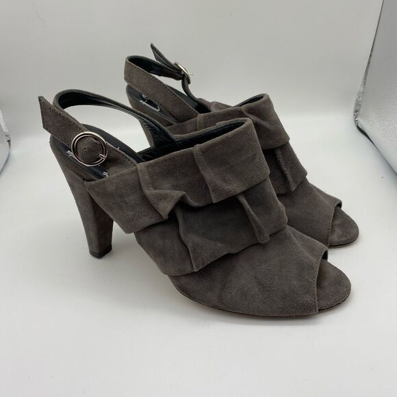 Tibi Grey Suede Ruffle Slingback Peep Toe Bootie 6B - Picture 1 of 10